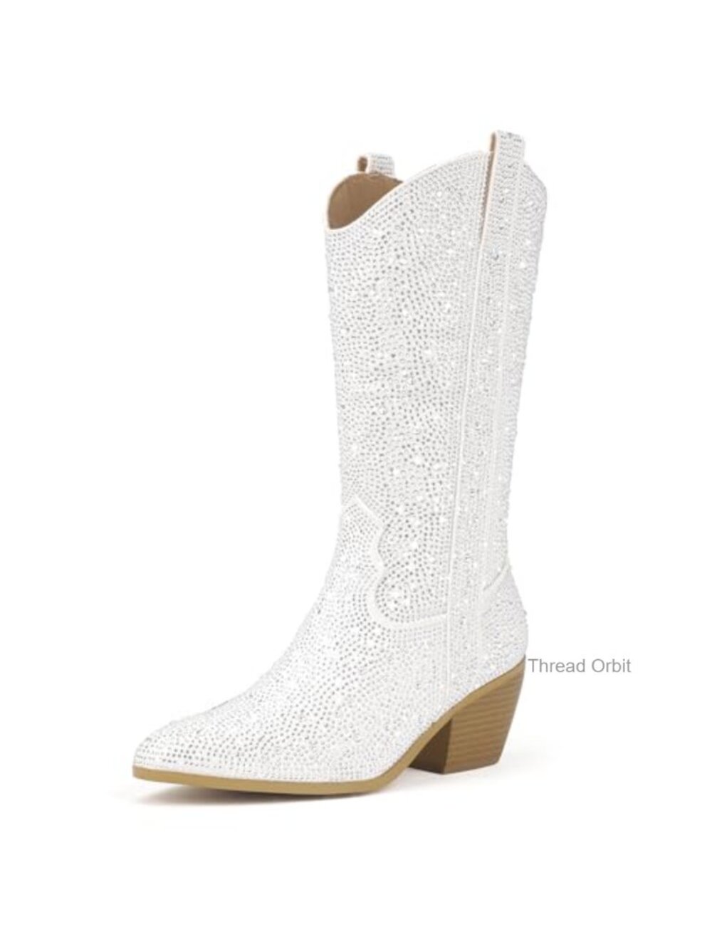 Rhinestone Western Cowgirl Mid Calf Boots Pointed Toe Block Heel Zip